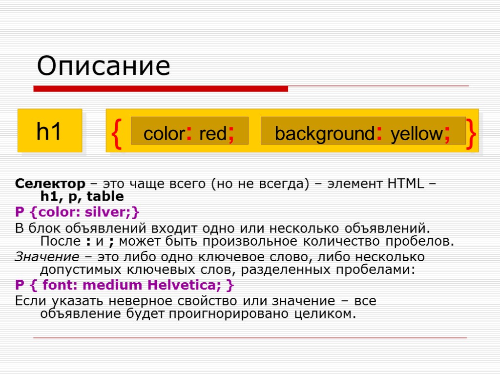 Описание Селектор – это чаще всего (но не всегда) – элемент HTML – h1,